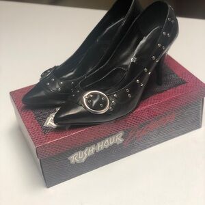 Rush Hour Express-Size 7B Black and Silver Studded Leather 3inch Heels
